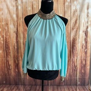 Women’s 3/4 Sleeve Cold Shoulder Teal Chiffon Blouse Size Medium